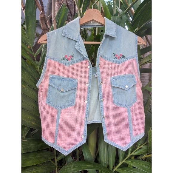 vintage 90s denim vest M gingham pink flower embroidery 100% Cotton boho country - Picture 4 of 7